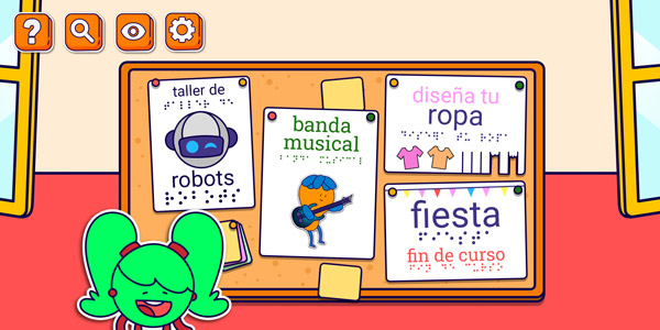 Captura del videojuego en la que se visualiza un tablón de anuncios con varias opciones