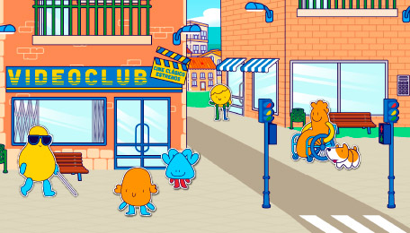 Captura del videojuego en la que se visualizan varios personajes en una calle con un videoclub